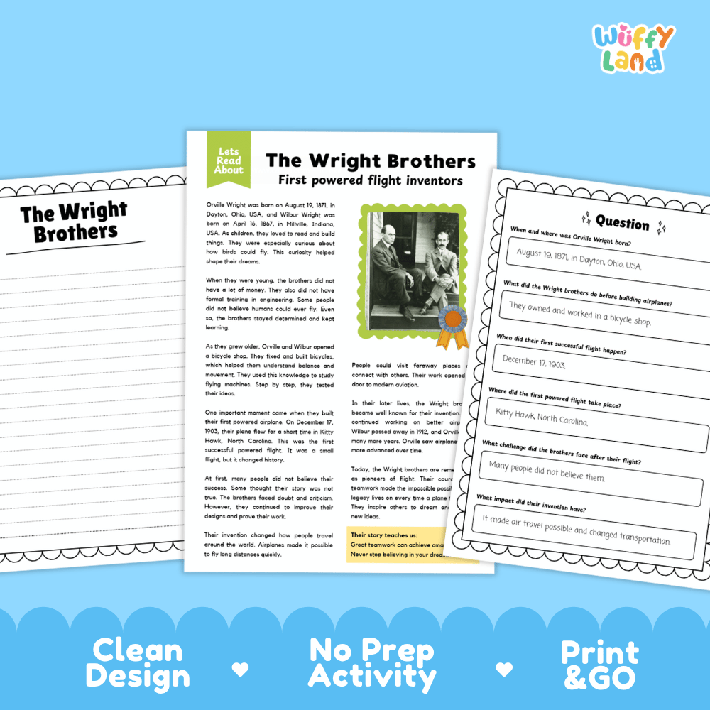 Educational worksheet and answer key set about the Wright Brothers, shown as a clean digital product mockup with a blue decorative background and the brand name 'Wiffly Land' in the top right.