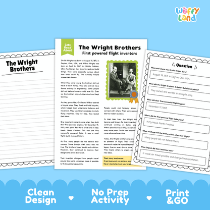 Educational worksheet and answer key set about the Wright Brothers, shown as a clean digital product mockup with a blue decorative background and the brand name 'Wiffly Land' in the top right.