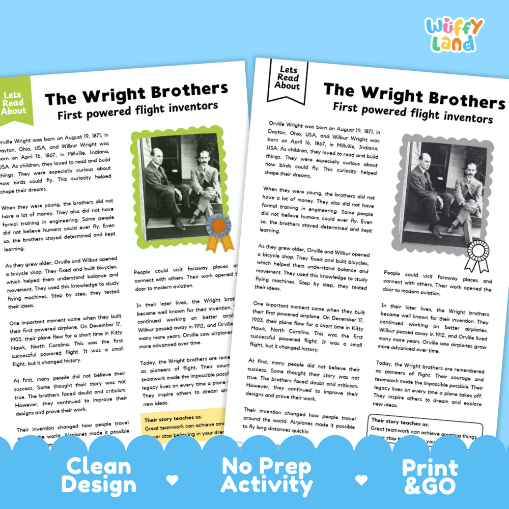 Two printed activity sheets about the Wright Brothers, shown side by side on a white background. The sheets have a clean blue border, text about first powered flight inventors, small black-and-white photos of Orville and Wilbur Wright, and decorative blue and yellow accents.