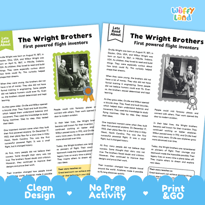 Two printed activity sheets about the Wright Brothers, shown side by side on a white background. The sheets have a clean blue border, text about first powered flight inventors, small black-and-white photos of Orville and Wilbur Wright, and decorative blue and yellow accents.