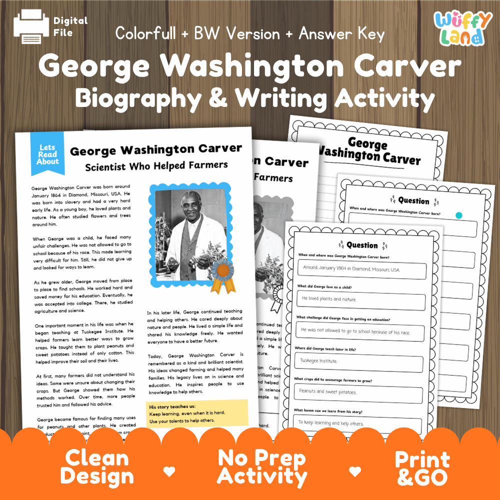 George Washington Carver Biography Reading Passage and Writing Activity Worksheets