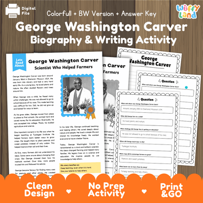 George Washington Carver Biography Reading Passage and Writing Activity Worksheets