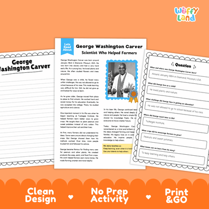 Educational worksheet set about George Washington Carver, shown with three printed activity pages on an orange background. The pages include a title page, a text page, and a question sheet, with the brand name 'Wiffly Land' visible at the top right.