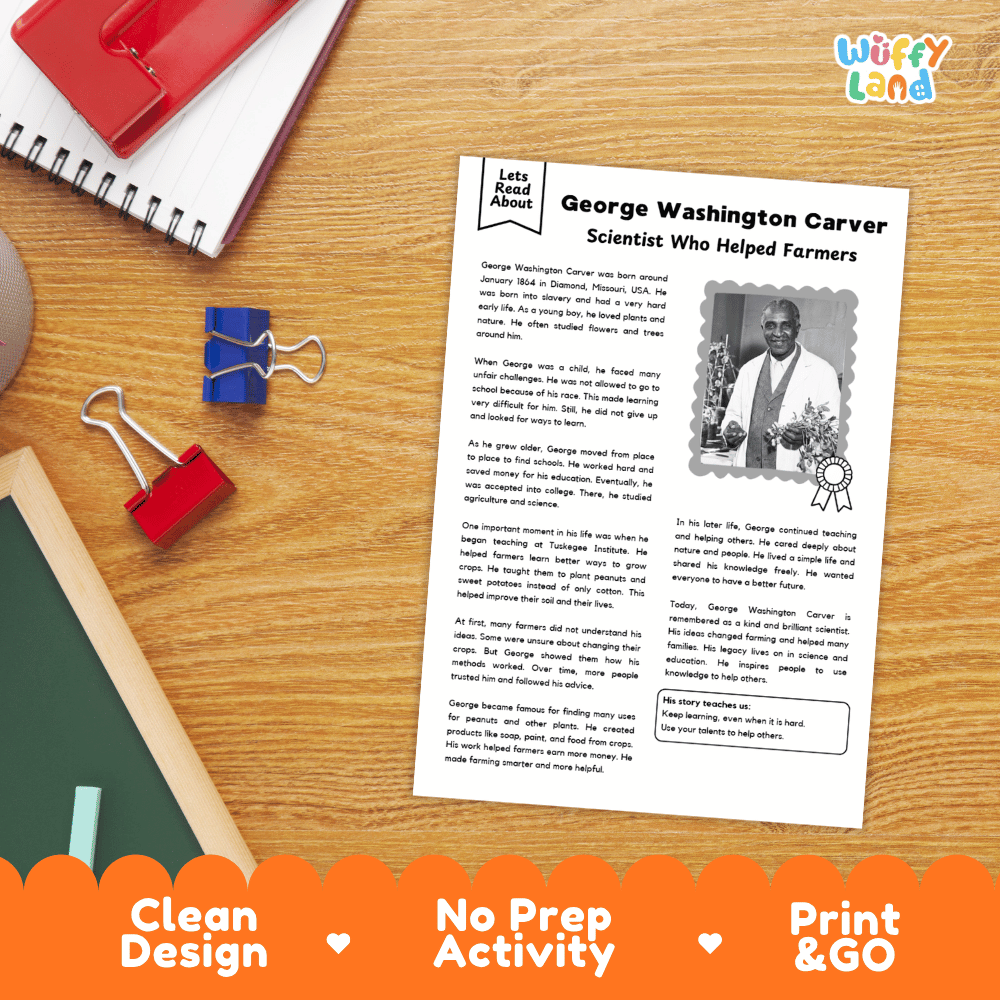 A printed educational worksheet about George Washington Carver laid on a wooden desk with notebooks, clips, and pens around it. The sheet has the title 'George Washington Carver Scientist Who Helped Farmers,' a small portrait photo, and text blocks.