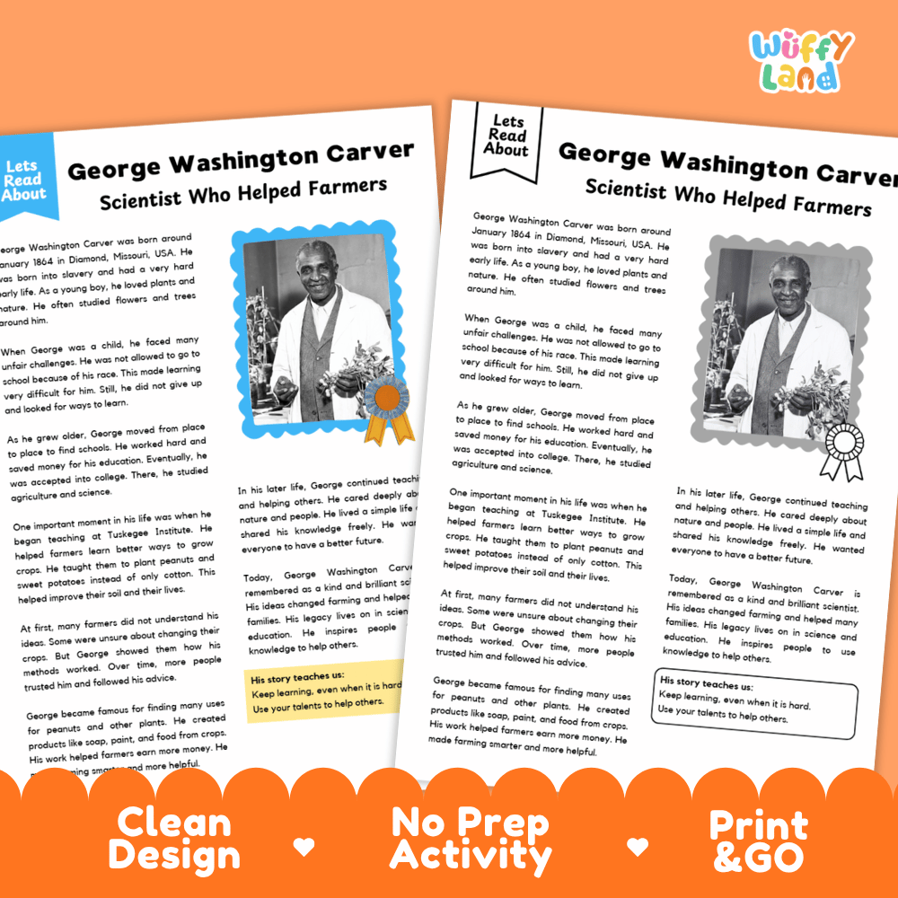 Two educational activity sheets titled 'George Washington Carver - Scientist Who Helped Farmers' from the brand 'Wiffly Land', displayed on an orange background with promotional text banners.