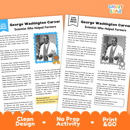 Two educational activity sheets titled 'George Washington Carver - Scientist Who Helped Farmers' from the brand 'Wiffly Land', displayed on an orange background with promotional text banners.