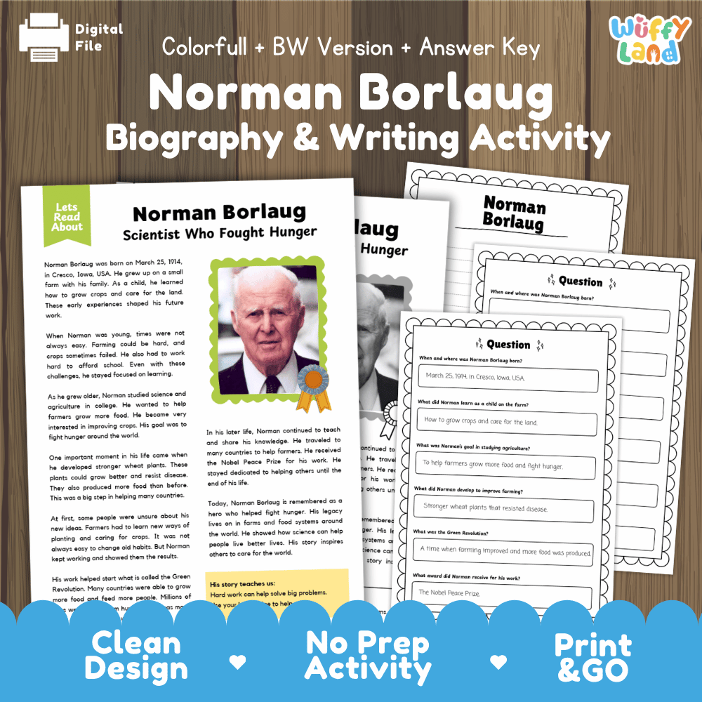 Digital printable activity sheet set for a Norman Borlaug Biography & Writing Activity, shown on a wood background with the title text above and a blue banner reading 'Clean Design', 'No Prep Activity', and 'Print & GO' at the bottom.