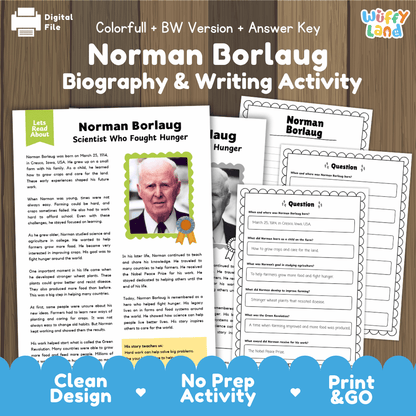 Digital printable activity sheet set for a Norman Borlaug Biography & Writing Activity, shown on a wood background with the title text above and a blue banner reading 'Clean Design', 'No Prep Activity', and 'Print & GO' at the bottom.