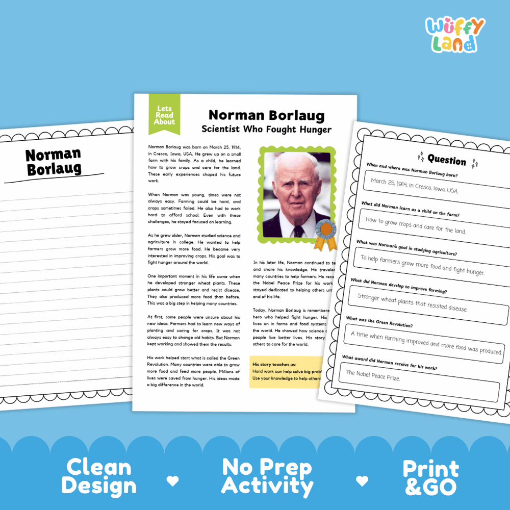 A printable educational activity sheet set about Norman Borlaug, shown on a light blue background. The set includes a main poster-style page with a portrait photo and text, a worksheet page on the left titled 'Norman Borlaug,' and a question sheet on the right.