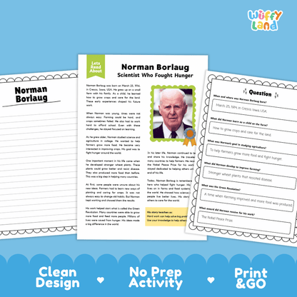 A printable educational activity sheet set about Norman Borlaug, shown on a light blue background. The set includes a main poster-style page with a portrait photo and text, a worksheet page on the left titled 'Norman Borlaug,' and a question sheet on the right.