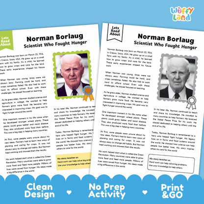 Norman Borlaug Biography Reading Passage and Writing Activity Worksheets