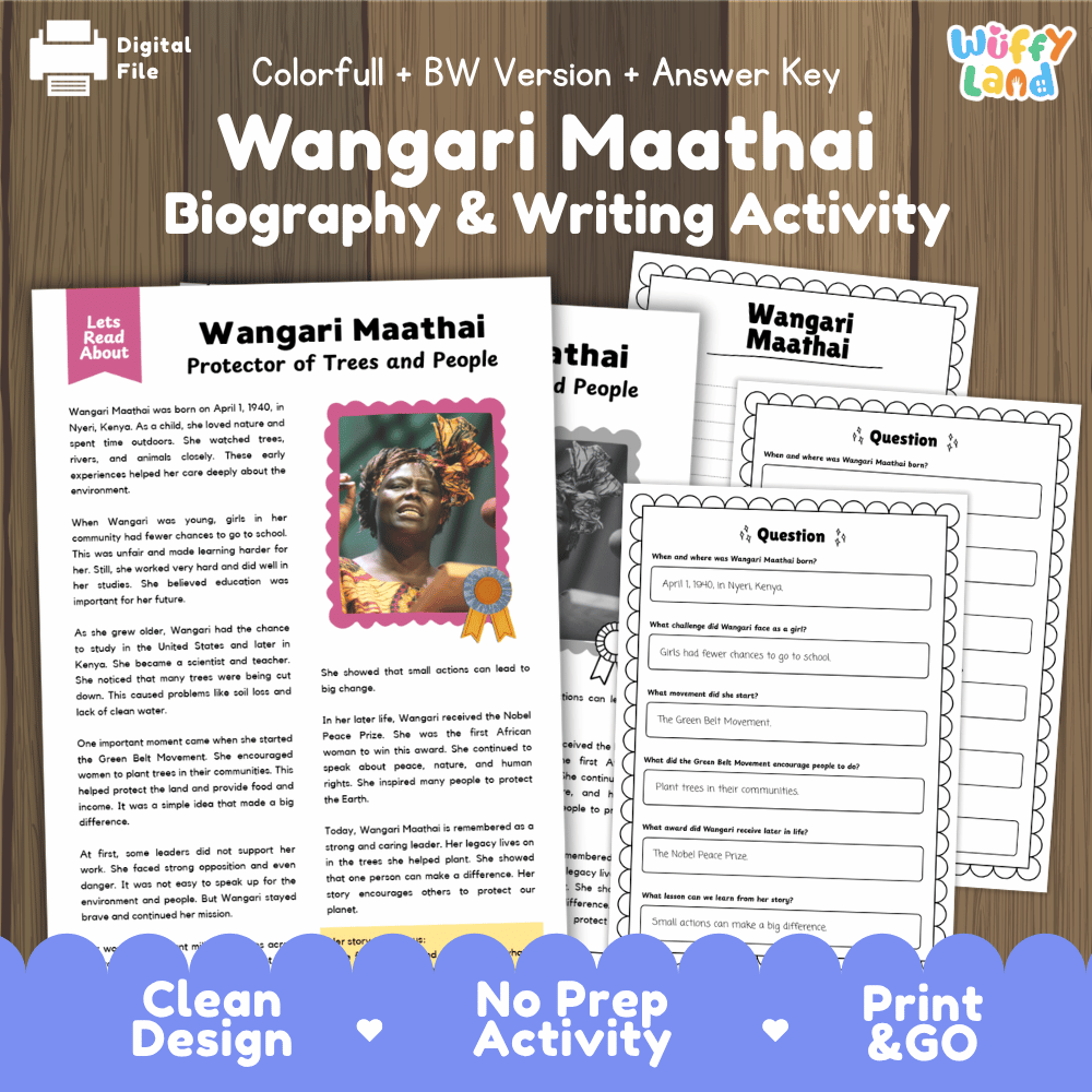 Digital worksheet bundle cover for 'Wangari Maathai Biography & Writing Activity' with preview pages of a biography text, writing prompts, and a photo collage, shown on a wood background with a blue 'Clean Design No Prep Activity Print & Go' banner at the bottom.