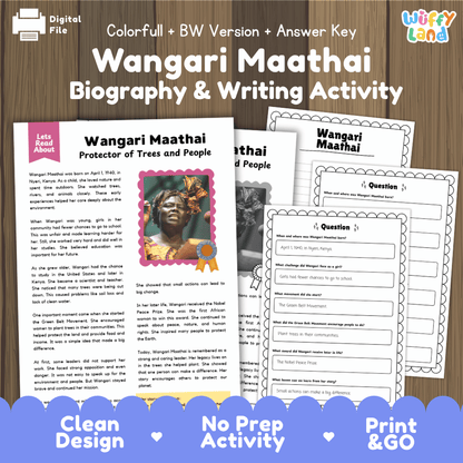 Digital worksheet bundle cover for 'Wangari Maathai Biography & Writing Activity' with preview pages of a biography text, writing prompts, and a photo collage, shown on a wood background with a blue 'Clean Design No Prep Activity Print & Go' banner at the bottom.