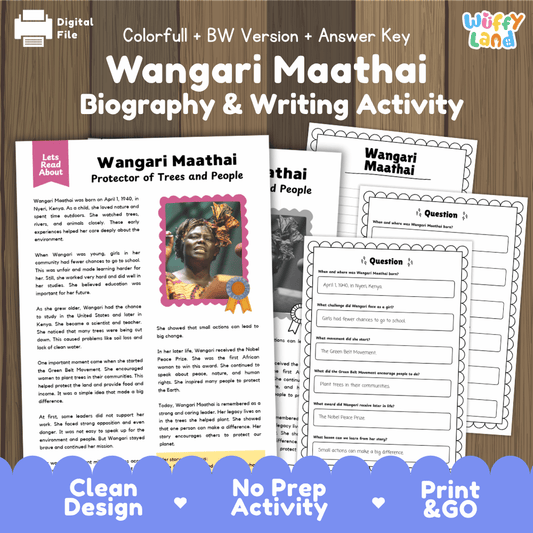 Digital worksheet bundle cover for 'Wangari Maathai Biography & Writing Activity' with preview pages of a biography text, writing prompts, and a photo collage, shown on a wood background with a blue 'Clean Design No Prep Activity Print & Go' banner at the bottom.