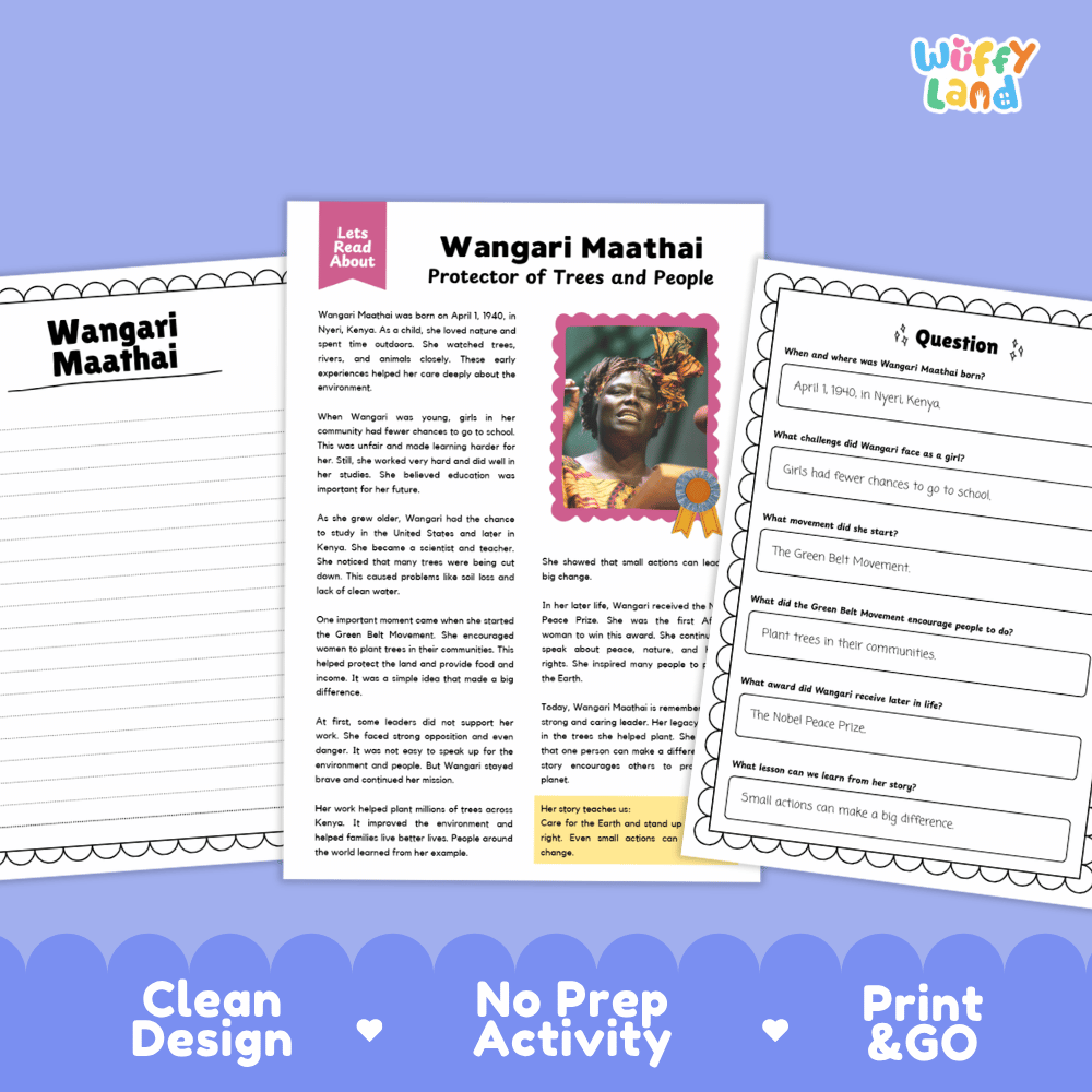 Educational worksheet and activity sheet set about Wangari Maathai, shown on a blue background with text reading 'Clean Design', 'No Prep Activity', and 'Print & Go'.