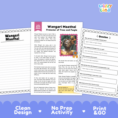 Educational worksheet and activity sheet set about Wangari Maathai, shown on a blue background with text reading 'Clean Design', 'No Prep Activity', and 'Print & Go'.