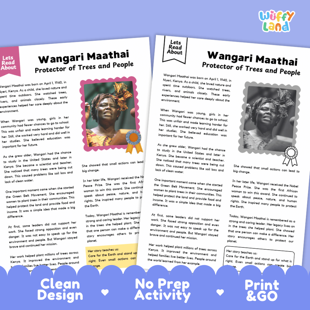 Two educational activity sheets about Wangari Maathai, titled 'Protector of Trees and People,' displayed on a light blue background with a 'Wuffiy Land' logo in the top right. The sheets feature colorful illustrations, text blocks, and decorative borders, with a purple banner at the bottom reading 'Clean Design,' 'No Prep Activity,' and 'Print & Go.