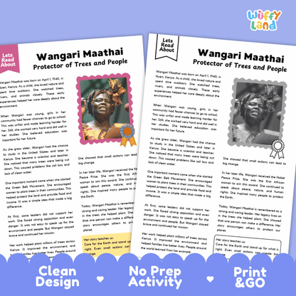 Two educational activity sheets about Wangari Maathai, titled 'Protector of Trees and People,' displayed on a light blue background with a 'Wuffiy Land' logo in the top right. The sheets feature colorful illustrations, text blocks, and decorative borders, with a purple banner at the bottom reading 'Clean Design,' 'No Prep Activity,' and 'Print & Go.