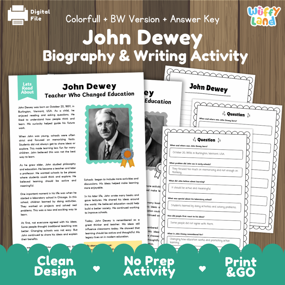 Digital printable activity sheet set for 'John Dewey Biography & Writing Activity' by Uffy Land, shown on a dark wood background with a teal banner reading 'Clean Design • No Prep Activity • Print & GO'. The sheets include a biography page with a portrait photo and writing prompts, plus several worksheet pages.