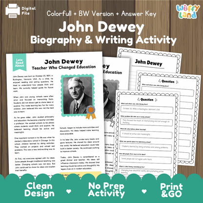 Digital printable activity sheet set for 'John Dewey Biography & Writing Activity' by Uffy Land, shown on a dark wood background with a teal banner reading 'Clean Design • No Prep Activity • Print & GO'. The sheets include a biography page with a portrait photo and writing prompts, plus several worksheet pages.