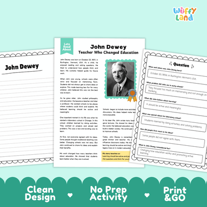 Educational worksheet set about John Dewey, featuring a main text page, a character sheet, and a question sheet, displayed on a light teal background with a dark teal banner at the bottom reading 'Clean Design', 'No Prep Activity', and 'Print & Go'. The brand 'Wiffly Land' is visible in the top right corner.
