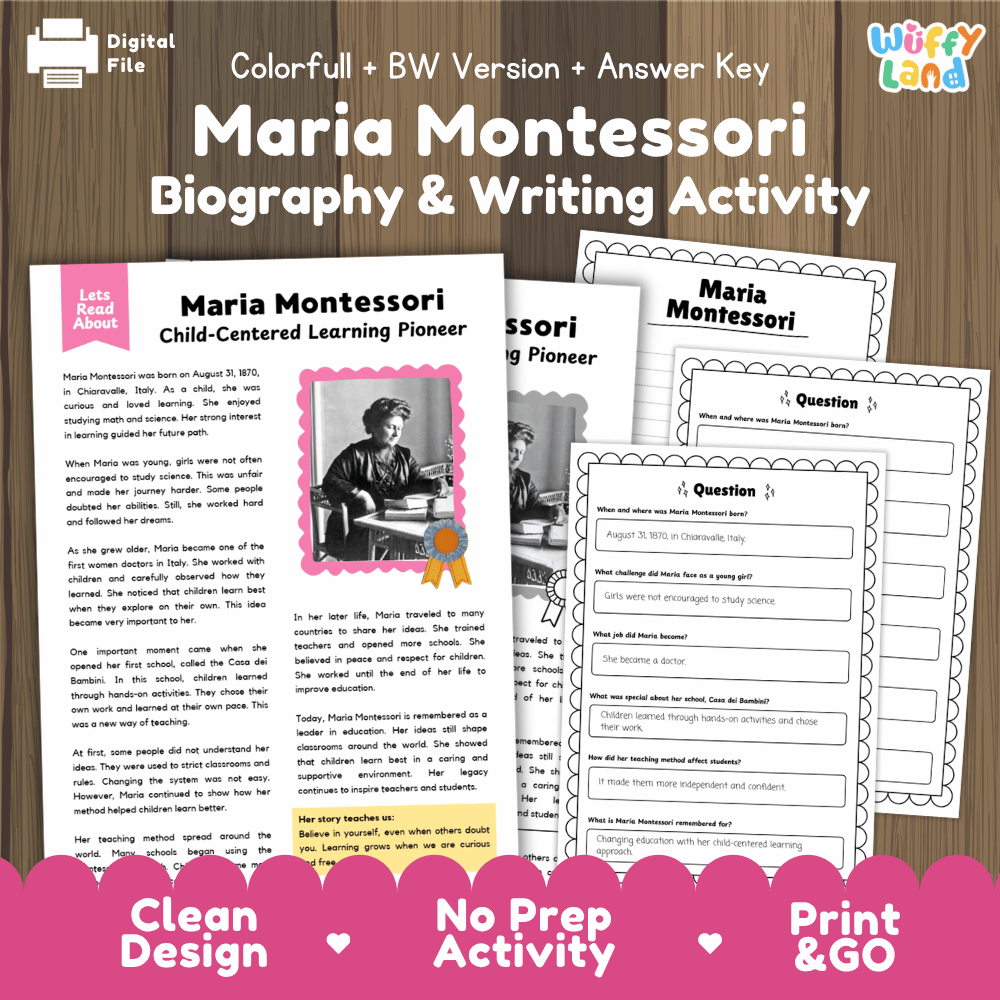 Digital printable activity sheet set for a Maria Montessori Biography and Writing Activity, shown on a wood background with promotional text. The sheets include a black-and-white biography layout with a photo placeholder, a colorful 'Let's Read About' section, and writing prompts.