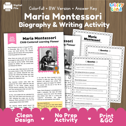 Digital printable activity sheet set for a Maria Montessori Biography and Writing Activity, shown on a wood background with promotional text. The sheets include a black-and-white biography layout with a photo placeholder, a colorful 'Let's Read About' section, and writing prompts.