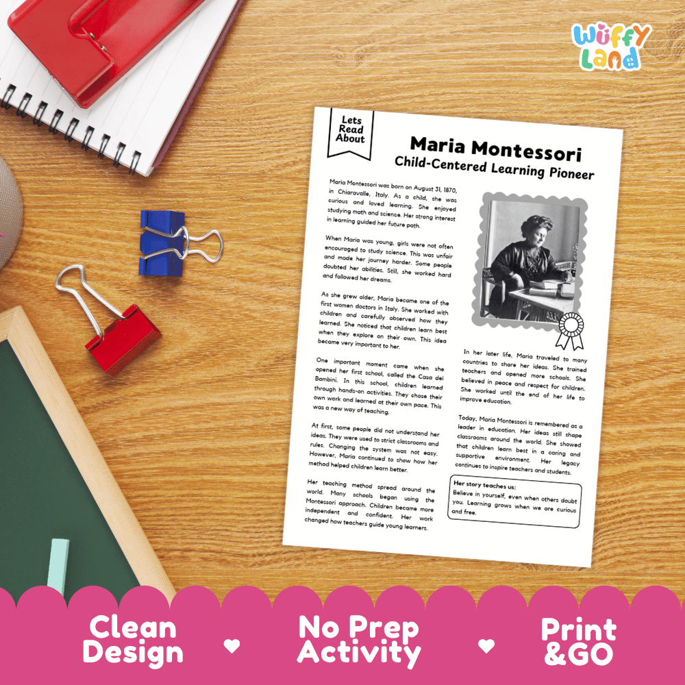 Maria Montessori Biography Reading Passage and Writing Activity Worksheets