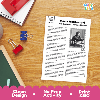 Maria Montessori Biography Reading Passage and Writing Activity Worksheets