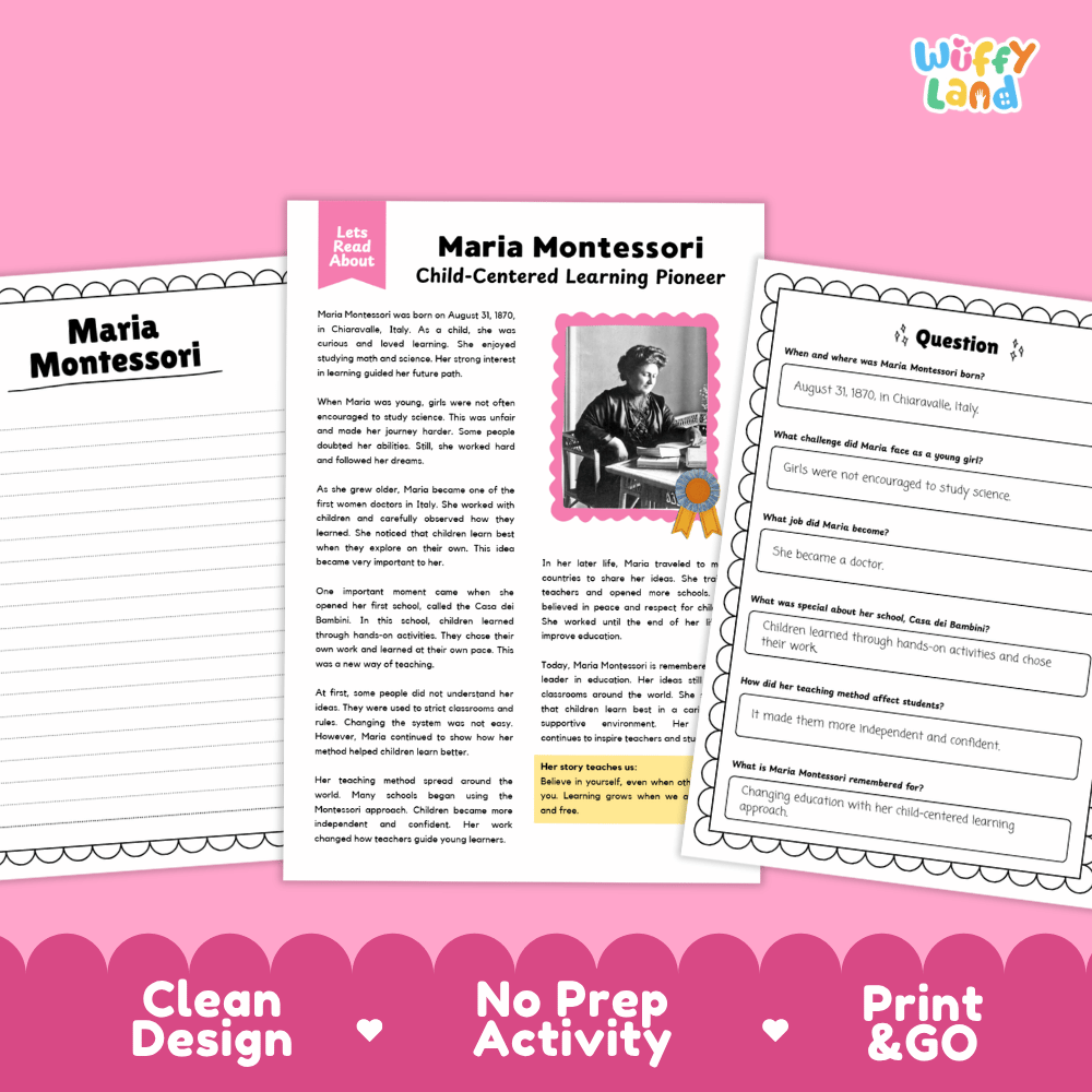 Montessori-themed printable activity sheets for children, featuring a Maria Montessori biography page and a worksheet with question prompts, displayed on a pink background with 'Wiffy Land' branding.