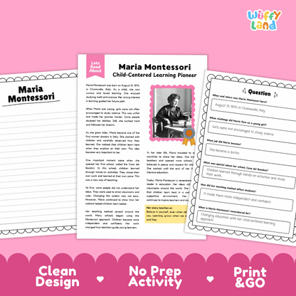 Montessori-themed printable activity sheets for children, featuring a Maria Montessori biography page and a worksheet with question prompts, displayed on a pink background with 'Wiffy Land' branding.