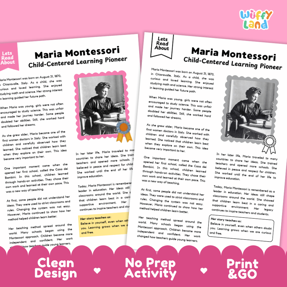 Maria Montessori Biography Reading Passage and Writing Activity Worksheets