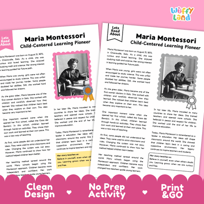 Maria Montessori Biography Reading Passage and Writing Activity Worksheets