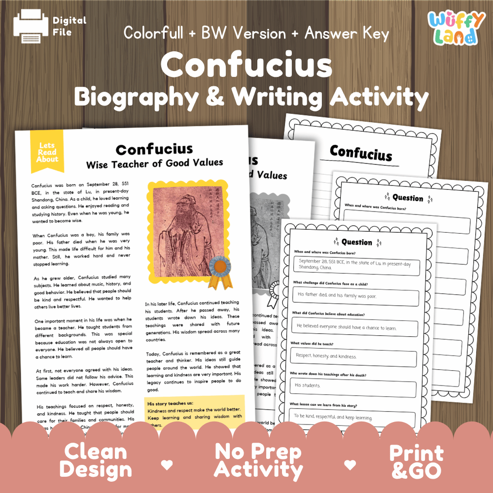 Confucius Biography Reading Passage and Writing Activity Worksheets
