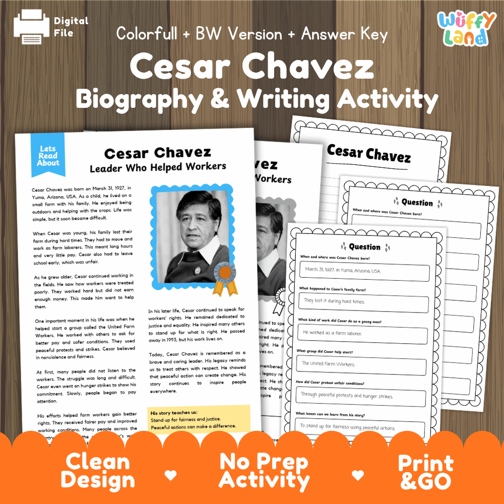 Digital printable activity sheet set for 'Cesar Chavez Biography & Writing Activity' by Uby Land, shown on a wood background with promotional text and an orange banner at the bottom.