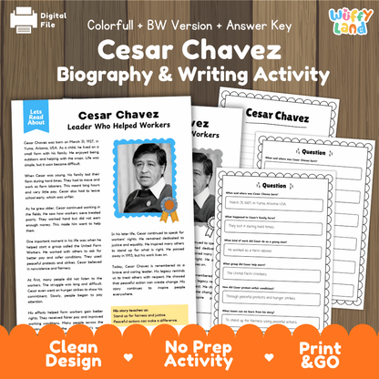 Digital printable activity sheet set for 'Cesar Chavez Biography & Writing Activity' by Uby Land, shown on a wood background with promotional text and an orange banner at the bottom.