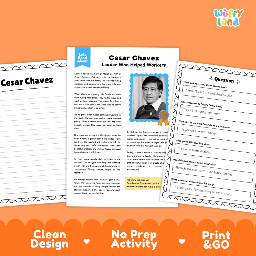A printable educational activity sheet set about Cesar Chavez, shown on an orange background. The center sheet contains a photo of Cesar Chavez, a short biography, and a highlighted learning point, with two partially visible worksheet pages on either side.