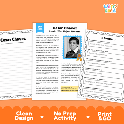 A printable educational activity sheet set about Cesar Chavez, shown on an orange background. The center sheet contains a photo of Cesar Chavez, a short biography, and a highlighted learning point, with two partially visible worksheet pages on either side.