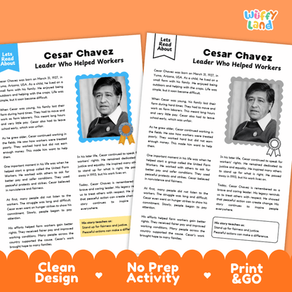 Two printable activity sheets about Cesar Chavez, shown on an orange and white background with the title 'Wiffly Land' in the top right. The sheets contain text, photos of Cesar Chavez, and highlighted boxes.