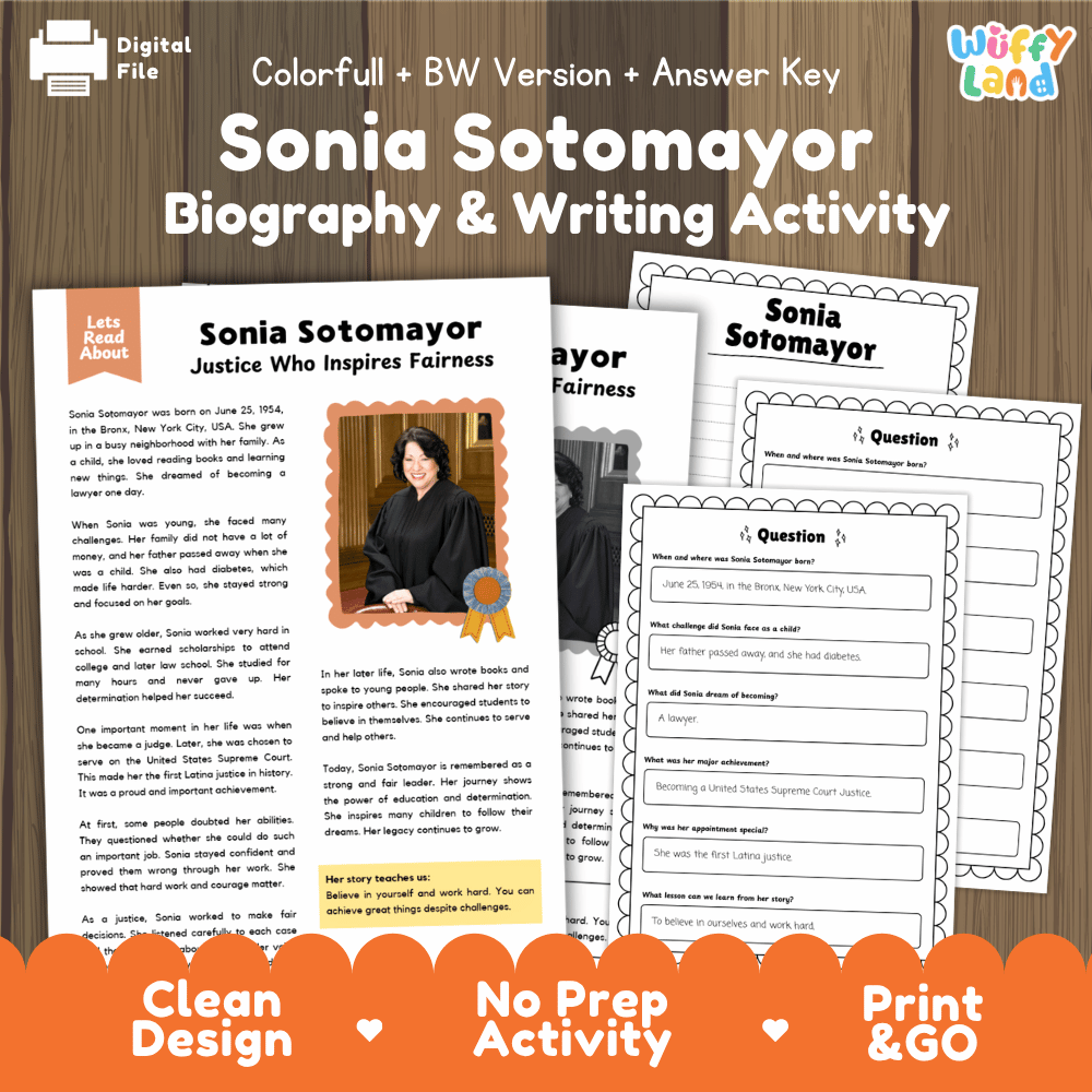 Digital printable activity sheet set for 'Sonia Sotomayor Biography & Writing Activity' by Uffy Land, featuring a colorful and black-and-white version with an answer key, displayed on a wooden background with promotional text banners.