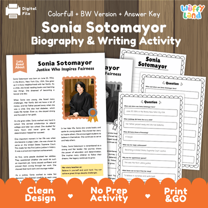 Digital printable activity sheet set for 'Sonia Sotomayor Biography & Writing Activity' by Uffy Land, featuring a colorful and black-and-white version with an answer key, displayed on a wooden background with promotional text banners.
