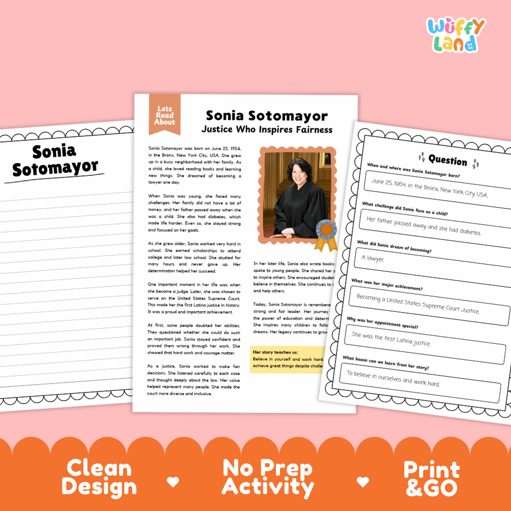 Educational worksheet set featuring a Sonia Sotomayor biography page and a matching comprehension activity sheet, presented on a bright orange and pink background with the brand name Wiffly Land.