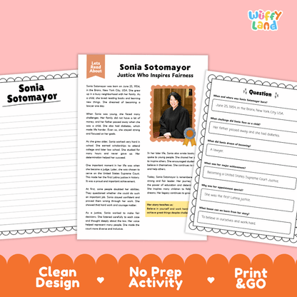 Educational worksheet set featuring a Sonia Sotomayor biography page and a matching comprehension activity sheet, presented on a bright orange and pink background with the brand name Wiffly Land.