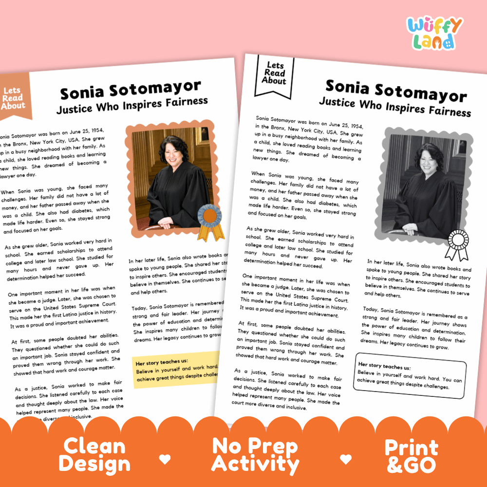 Two printed activity sheets for a Sonia Sotomayor themed educational print-and-go activity, shown on an orange background with the text 'Clean Design', 'No Prep Activity', and 'Print & GO'. The sheets contain biographical text, a photo of Sonia Sotomayor, and decorative stamps.