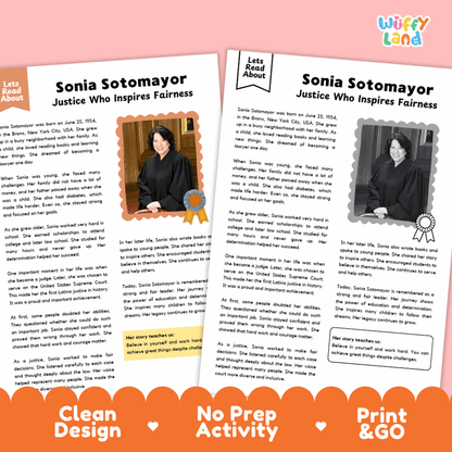 Two printed activity sheets for a Sonia Sotomayor themed educational print-and-go activity, shown on an orange background with the text 'Clean Design', 'No Prep Activity', and 'Print & GO'. The sheets contain biographical text, a photo of Sonia Sotomayor, and decorative stamps.