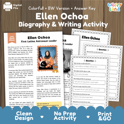 Digital printable activity sheets for 'Ellen Ochoa Biography & Writing Activity' shown on a wood background with branding at the top and a blue banner at the bottom.