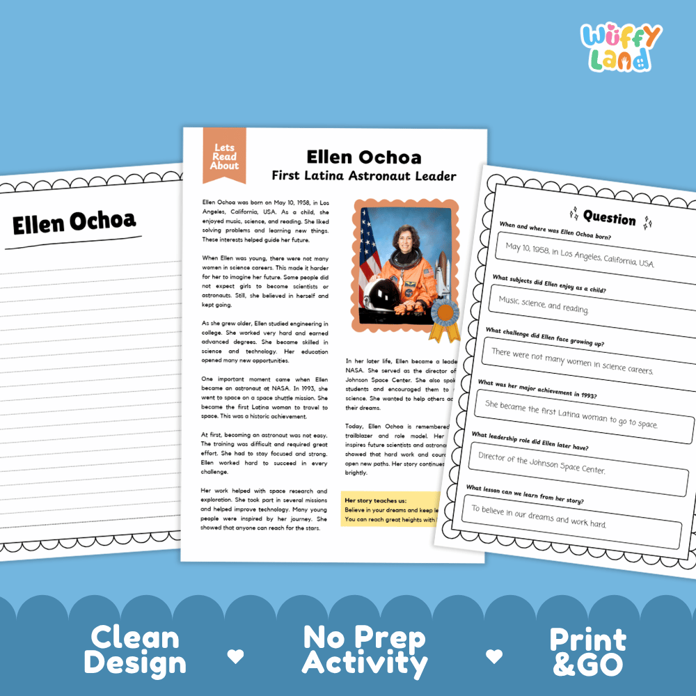 Educational activity sheets for teaching about Ellen Ochoa, displayed on a blue background. The set includes a main worksheet titled 'Ellen Ochoa First Latina Astronaut Leader' and two printable question sheets.