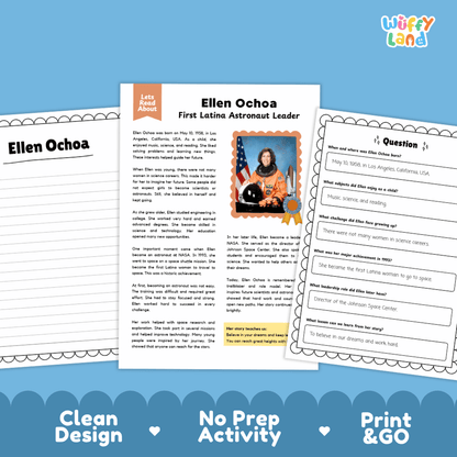 Educational activity sheets for teaching about Ellen Ochoa, displayed on a blue background. The set includes a main worksheet titled 'Ellen Ochoa First Latina Astronaut Leader' and two printable question sheets.