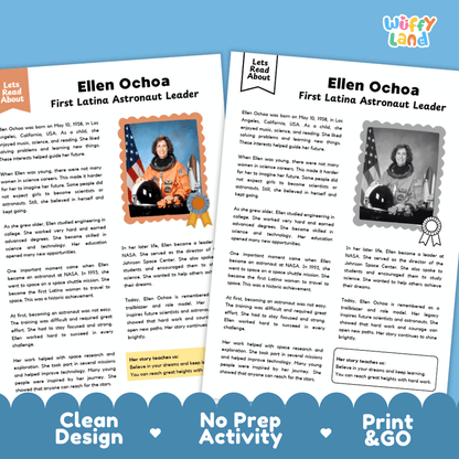 Two educational activity sheets about Ellen Ochoa, the first Latina astronaut leader, displayed side-by-side on a dark blue background with 'Wuffly Land' branding. The sheets feature a clean, colorful layout with text, a photo of Ellen Ochoa, and a recipe card at the bottom.