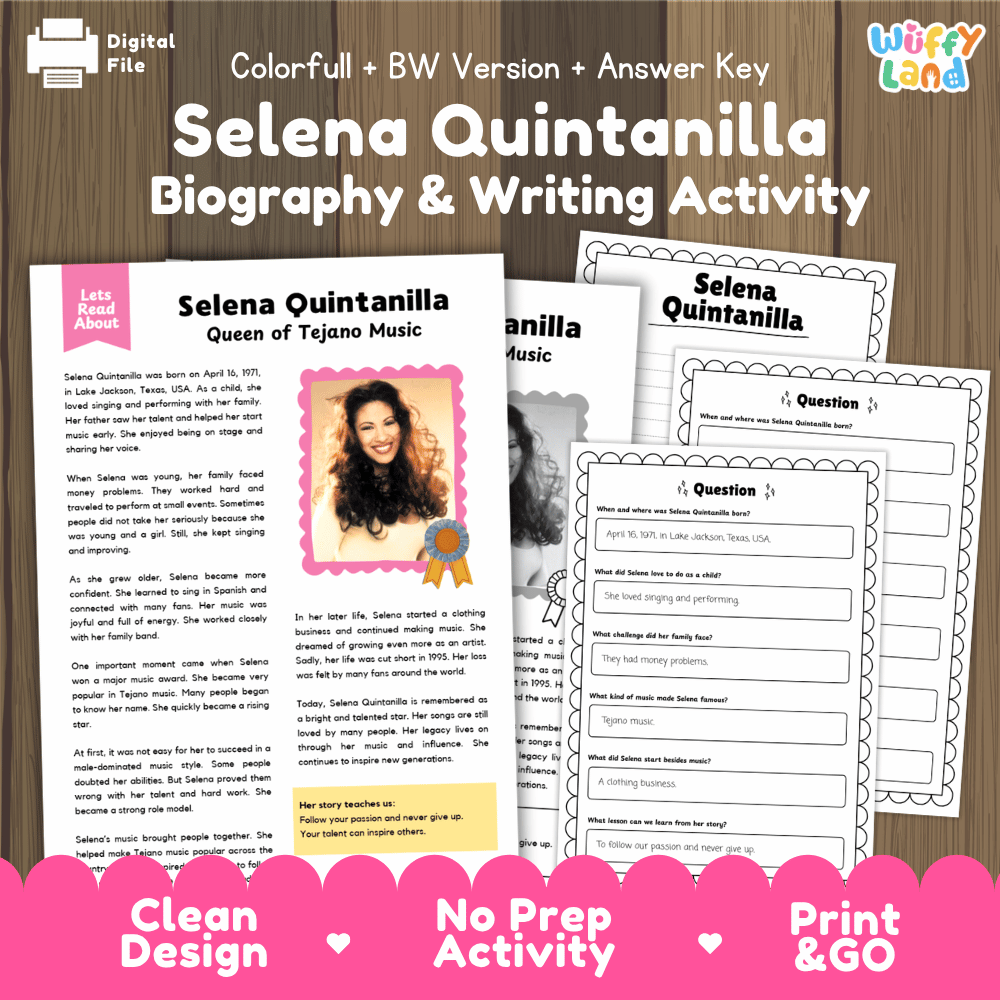 Digital printable activity sheet set for 'Selena Quintanilla Biography & Writing Activity' with a colorful header, preview pages showing text and writing prompts, and a pink banner at the bottom reading 'Clean Design', 'No Prep Activity', and 'Print & GO'.